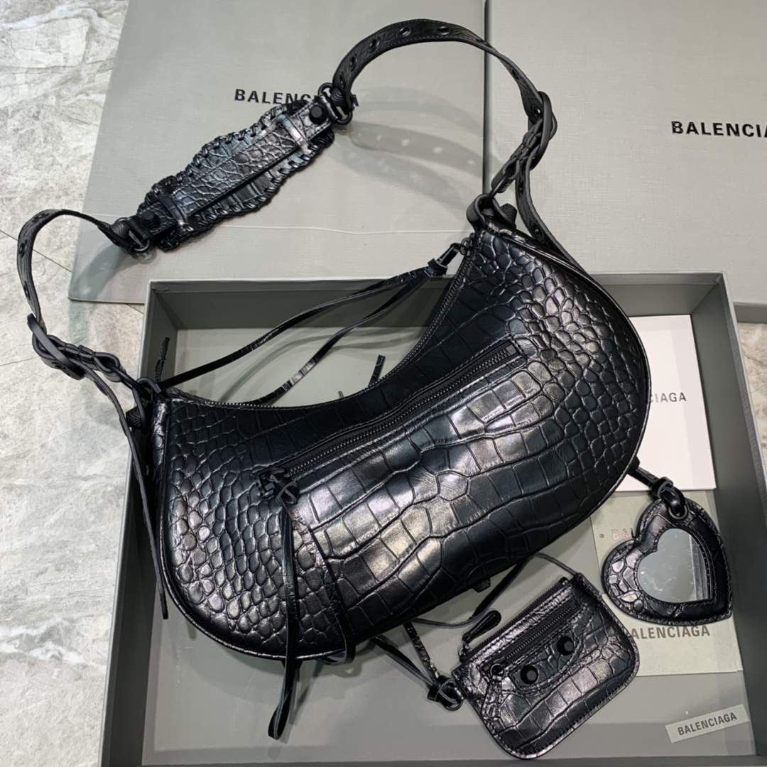 Balenciaga Le Cagole Small Shoulder Bag Crocodile Embossed Black